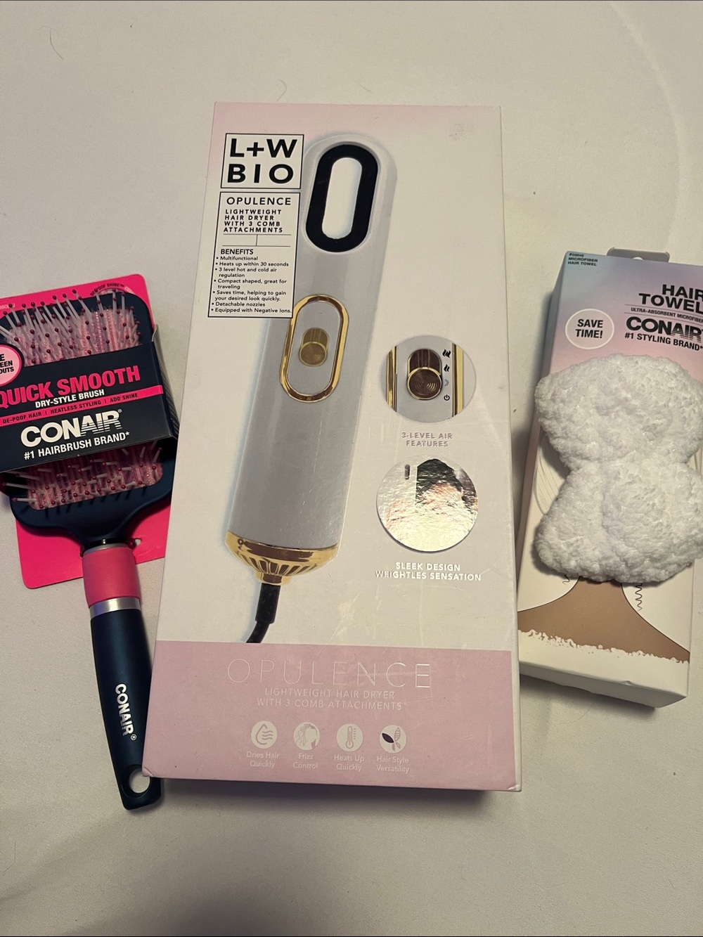 Opulence L+W Bio Hair Dryer plus CONAIR Brush & Hair Towel (3 pieces)